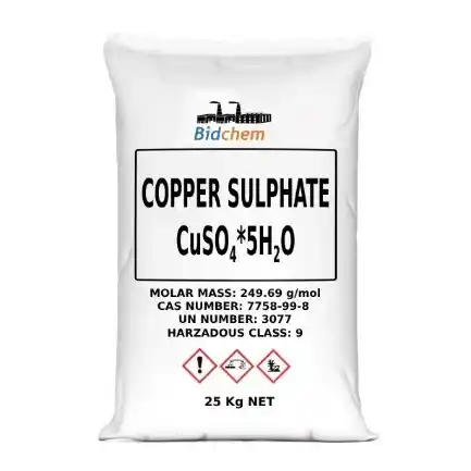 Copper sulphate bright blue crystalline compound packaged in 25kg industrial bag for industrial, laboratory, and aquaculture application.