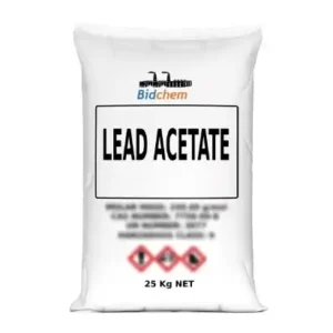 Lead acetate trihydrate 25kg bag, white crystalline powder in sealed industrial packaging.