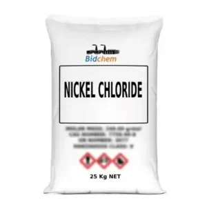 Nickel chloride crystalline compound packaged in 25kg industrial container for electroplating and chemical use.