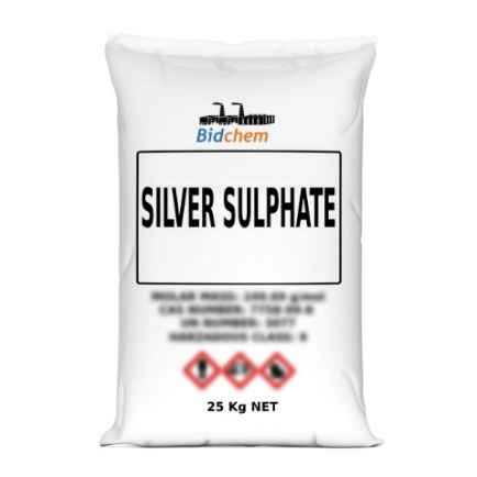 Silver sulphate white to grey solid packaged in 25kg industrial container for silver plating and laboratory applications.
