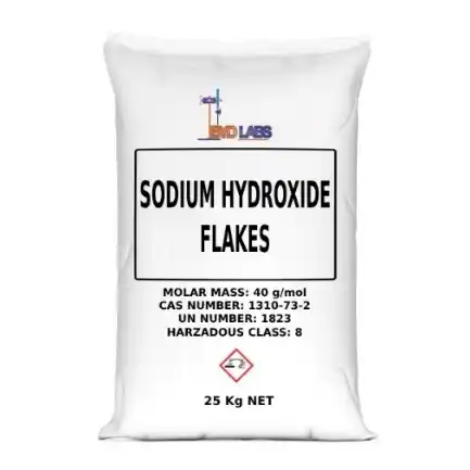 Sodium Hydroxide Flakes 25kg white crystalline flakes packaged for industrial, laboratory, and manufacturing use