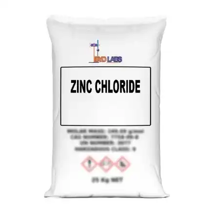 Zinc chloride white crystalline compound packaged in 25kg industrial bag for metallurgy, textile processing, and chemical applications
