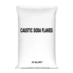 Caustic soda flakes sodium hydroxide supplied by Bidchem in 25kg bags.