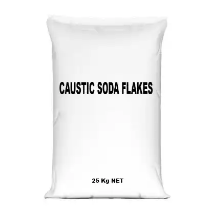 Caustic soda flakes sodium hydroxide supplied by Bidchem in 25kg bags.