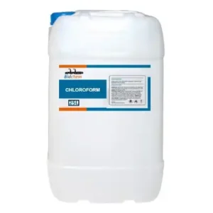 Chloroform clear colorless liquid packaged in 25L chemical container for laboratory and industrial solvent applications
